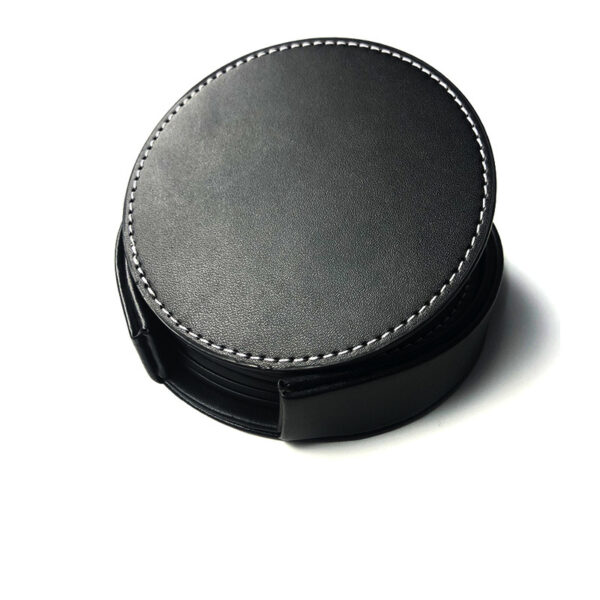 Black PU Leather Cup Coaster with Stitched Edge, 3.94 in